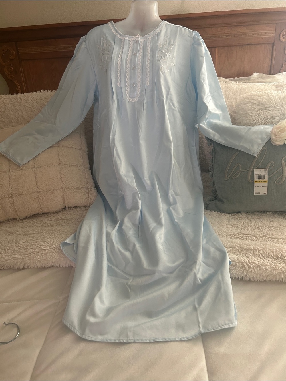 NWT Miss Elaine Light Blue Long Sleeve Nightgown with Lace Bib